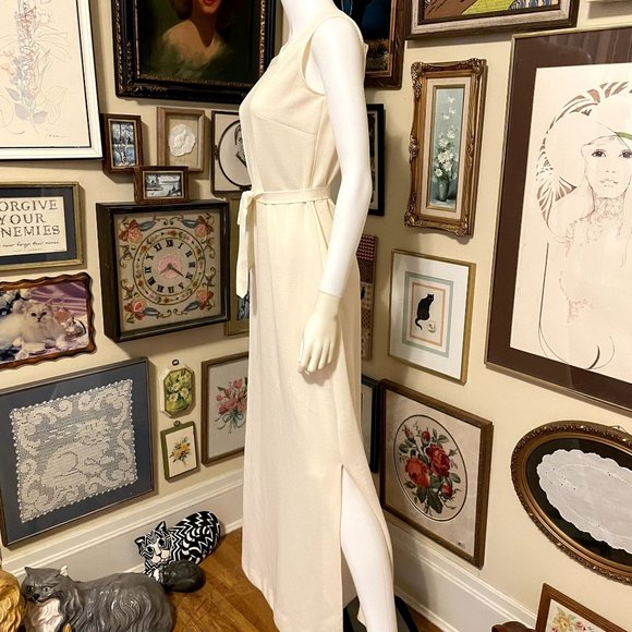 70s Vintage Cream Polyester Square Neck Sleeveless Maxi Dress with Belt Size L - Picture 2 of 6